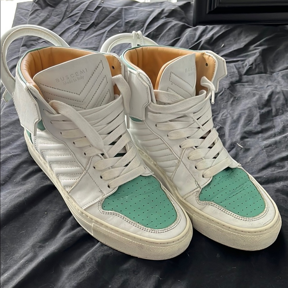 Buscemi White and Green High-Top Sneakers